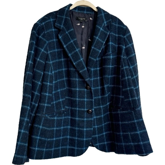 Talbots Blazer Size 24W Wool Plaid Jacket Blue Duck Academia Windowpane - Picture 1 of 16